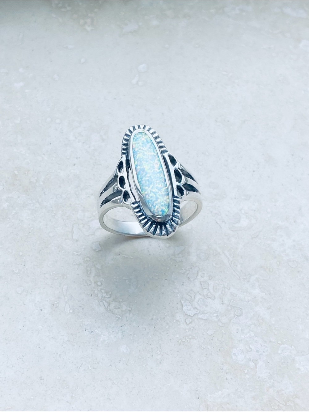 😍TOP SELLER😍 925 Silver Etched White Lab Opal Ring, Statement Boho Silver Rings - Picture 2 of 11